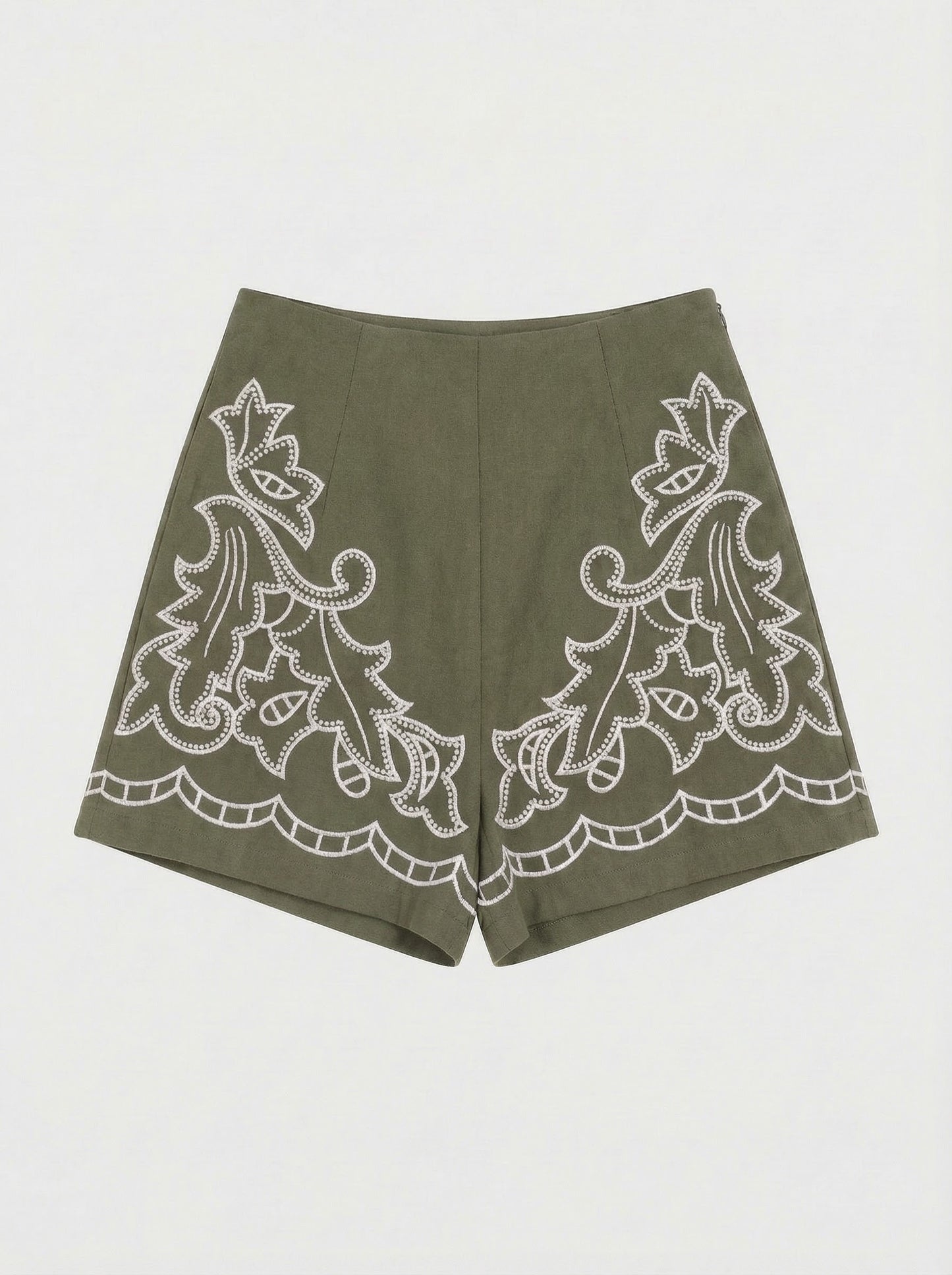 Abbie linen khaki embroidered shorts