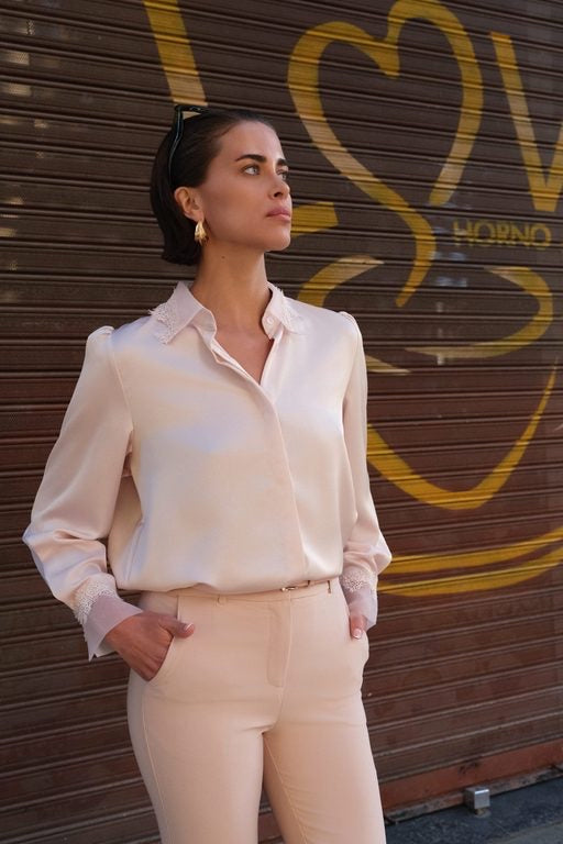 Cleo soft pink lace trim satin shirt