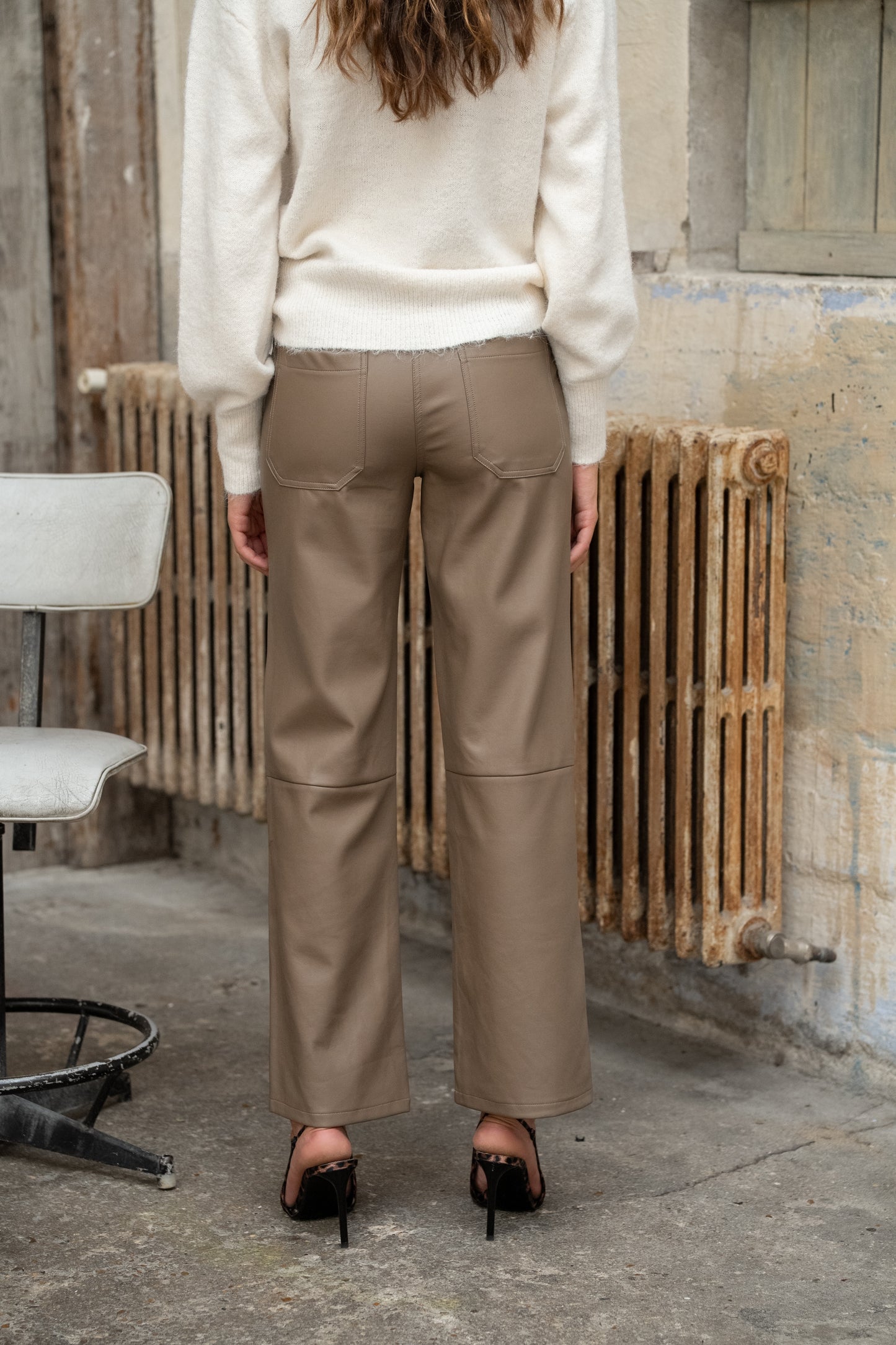 Andrea taupe leather wide leg trousers