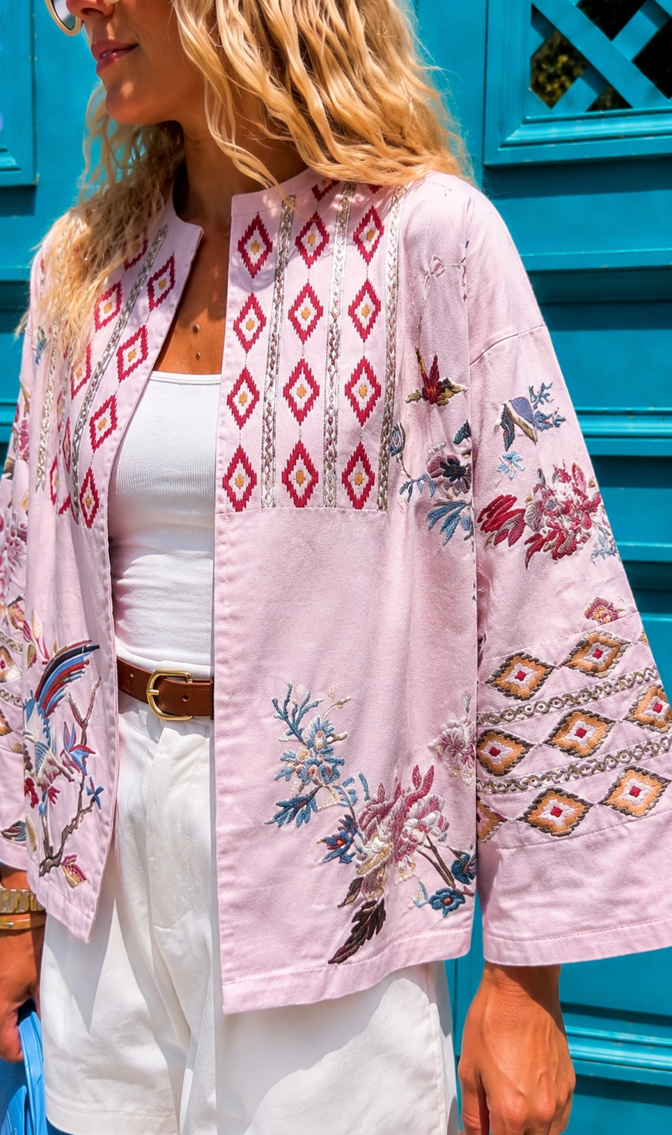 Ellie pink wash embroidered denim jacket