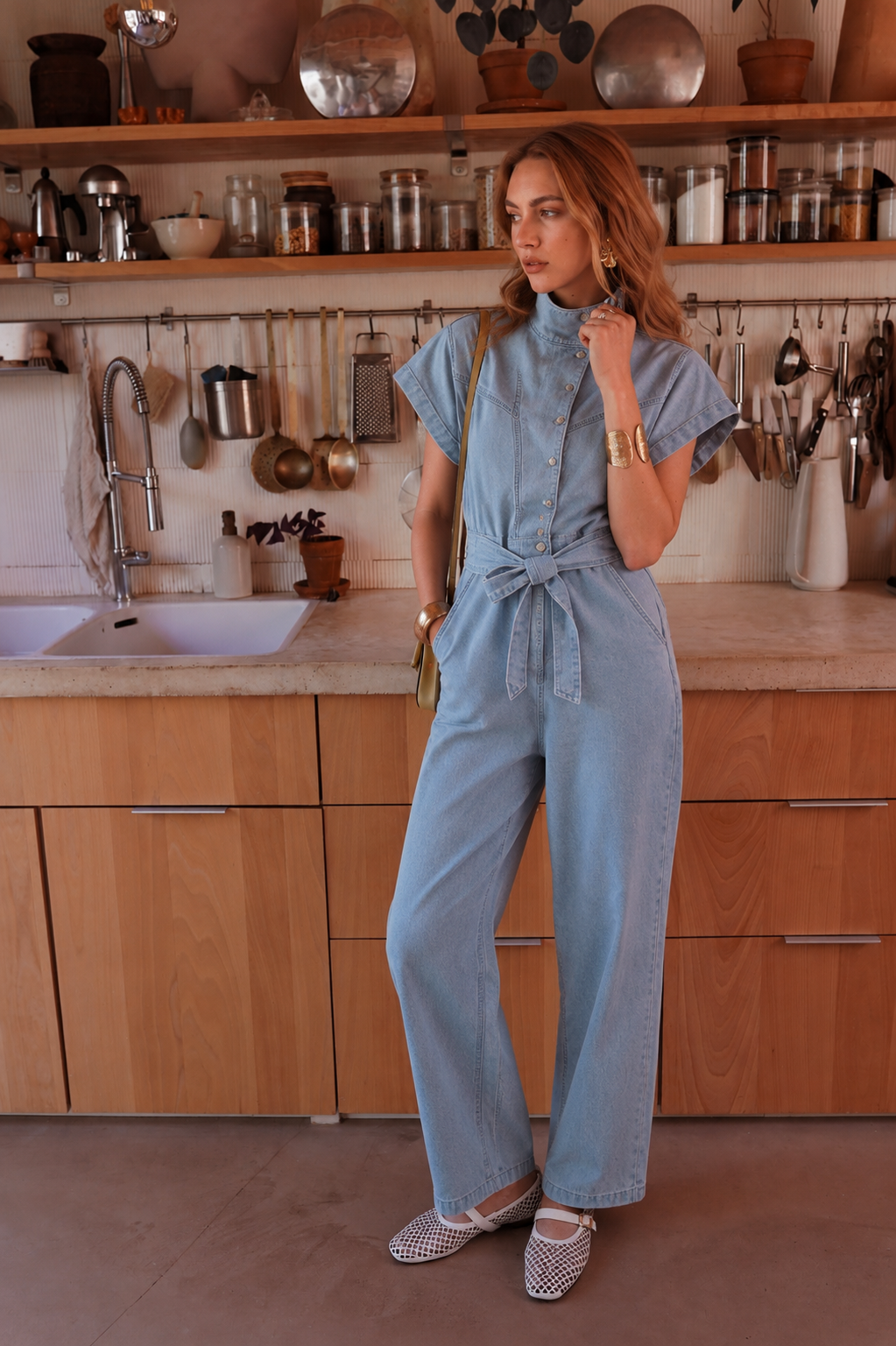 Sienna cap sleeve washed blue jumpsuit
