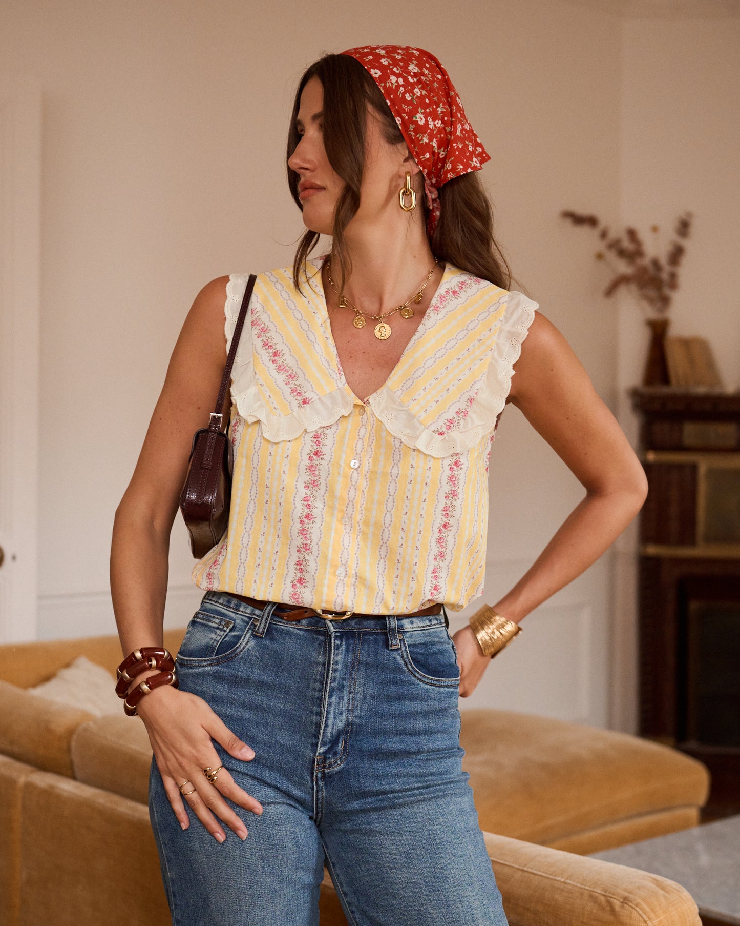 Martine yellow floral Peter Pan sleeveless blouse