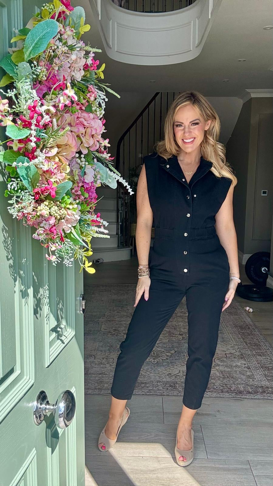 Evie short sleeve black denim jumpsuit