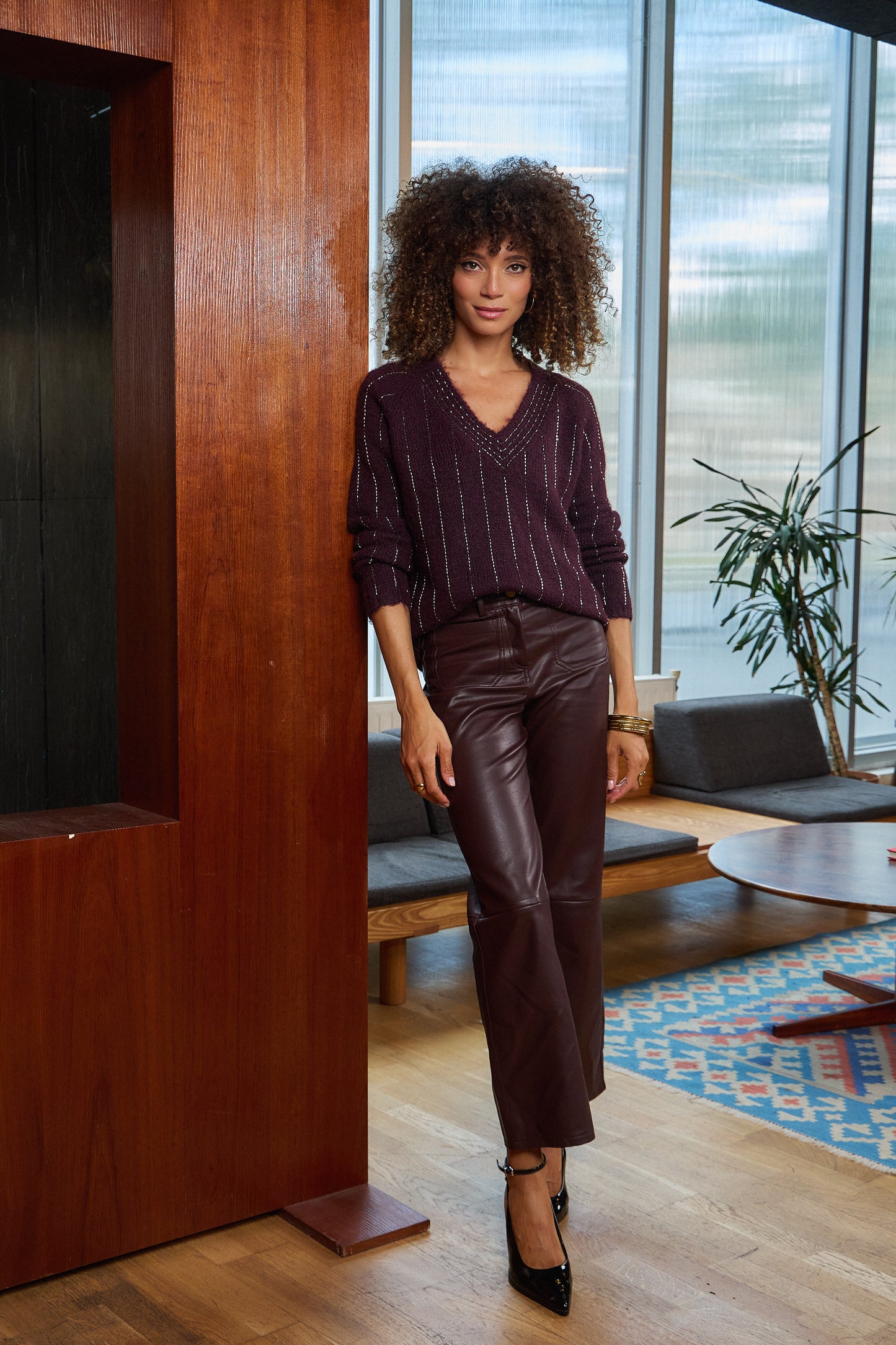Andrea burgundy leather wide leg trousers