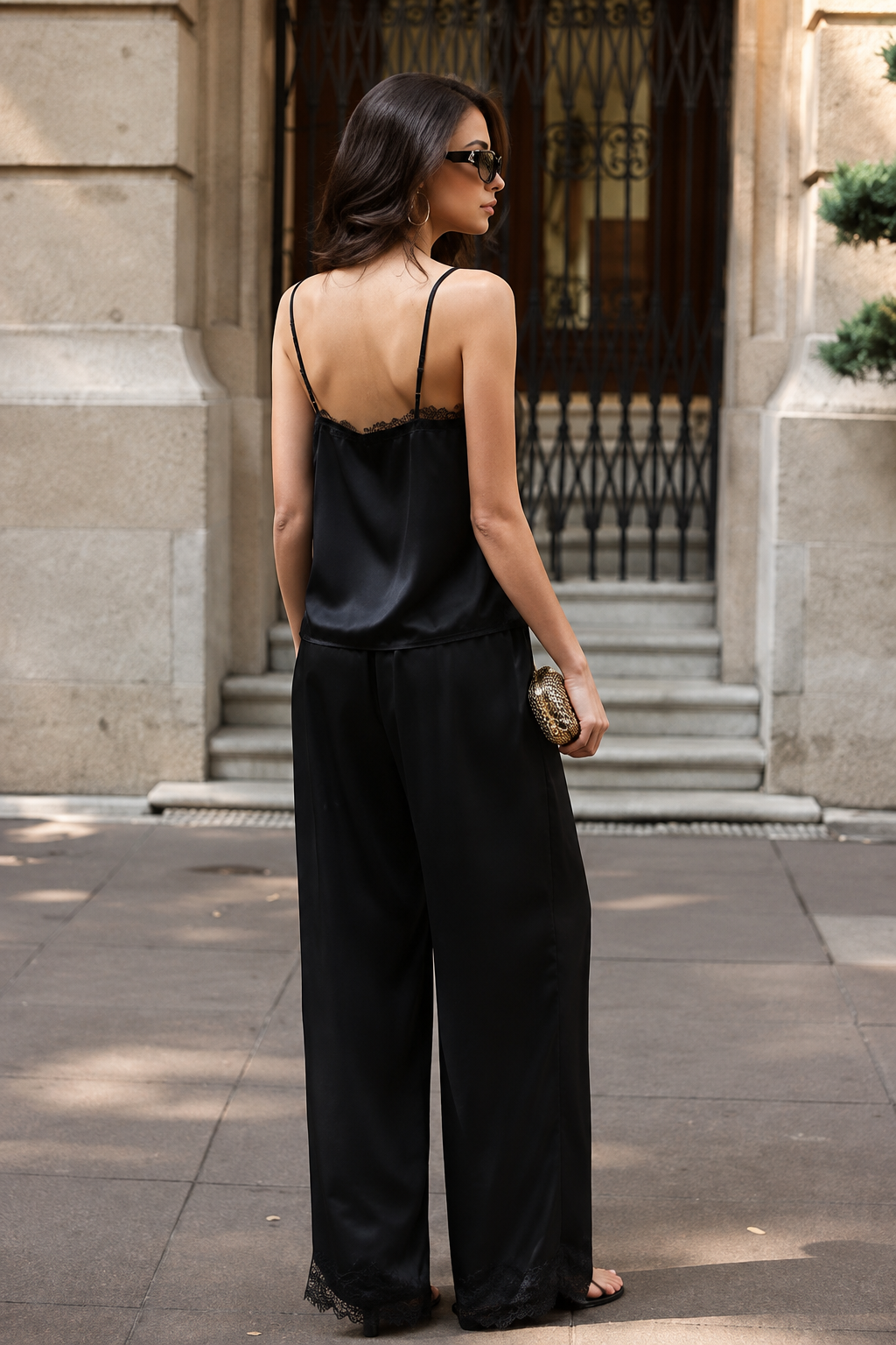 Kate black satin lace cami top