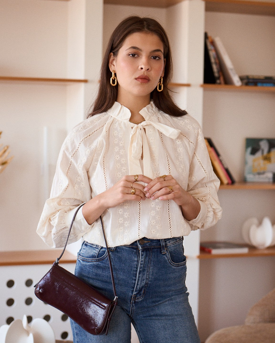 Amelia beige embroidered bow blouse