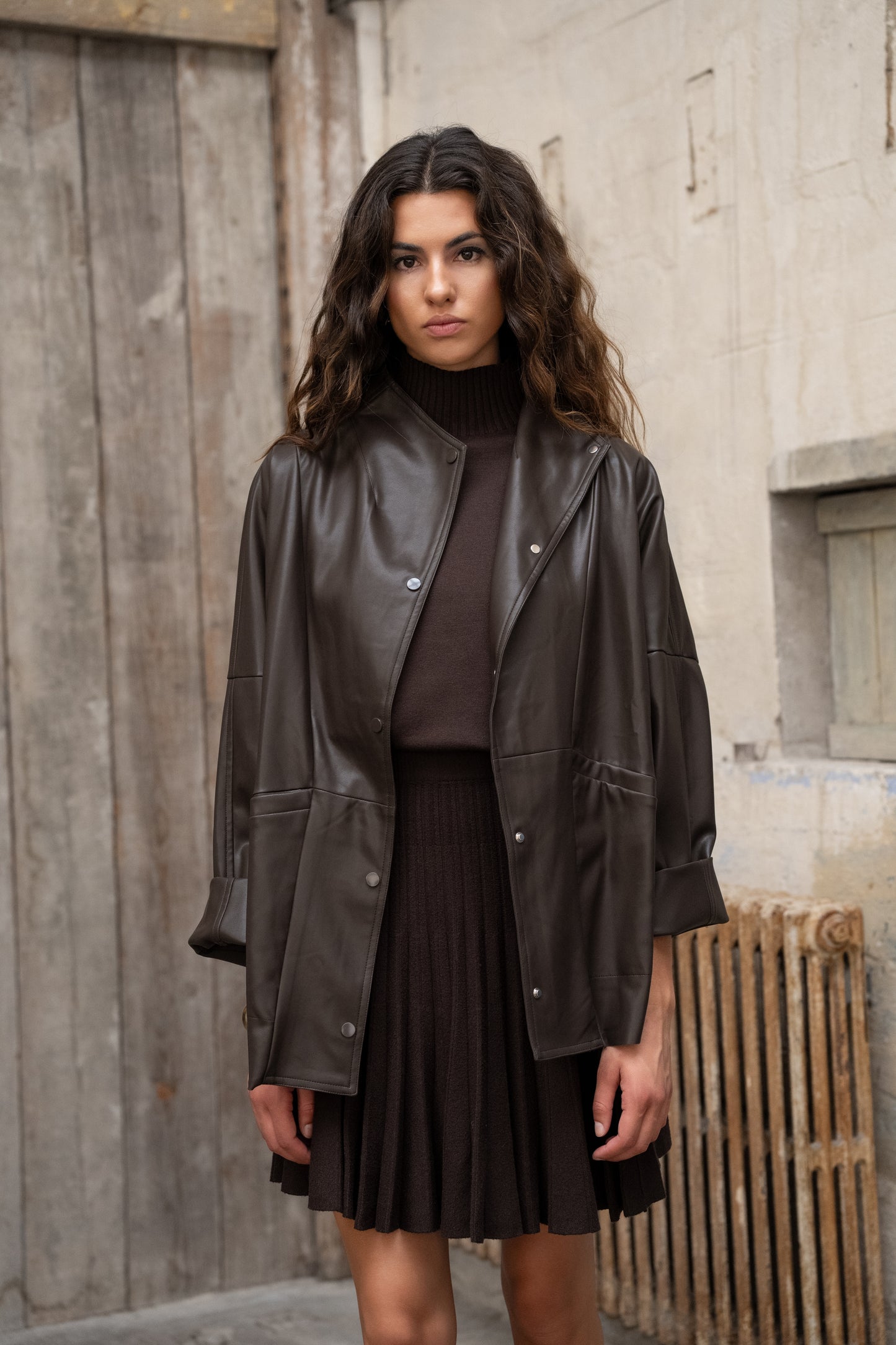 Beth coffee funnel neck leather jacket