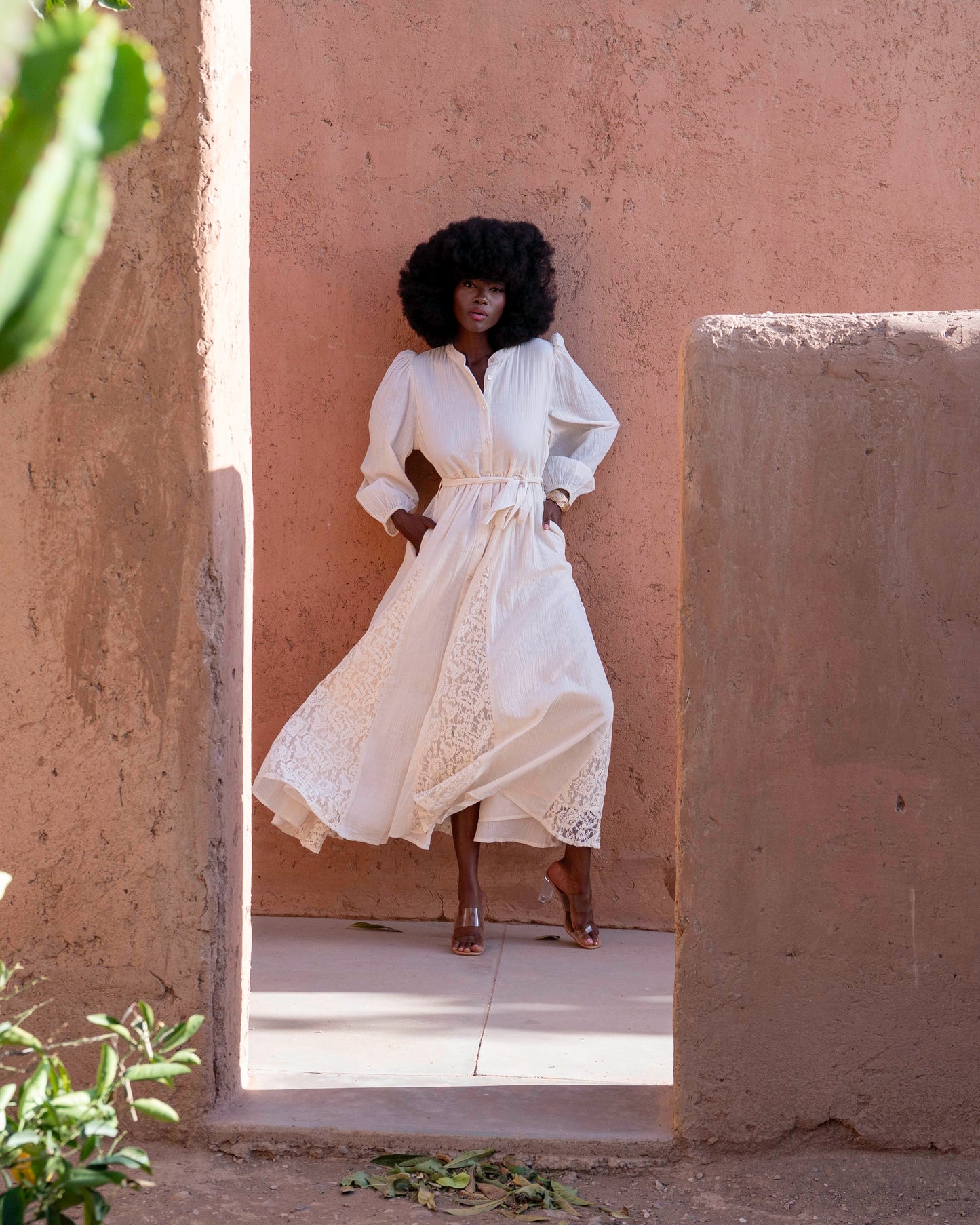 Amara cream puff sleeve long lace dress