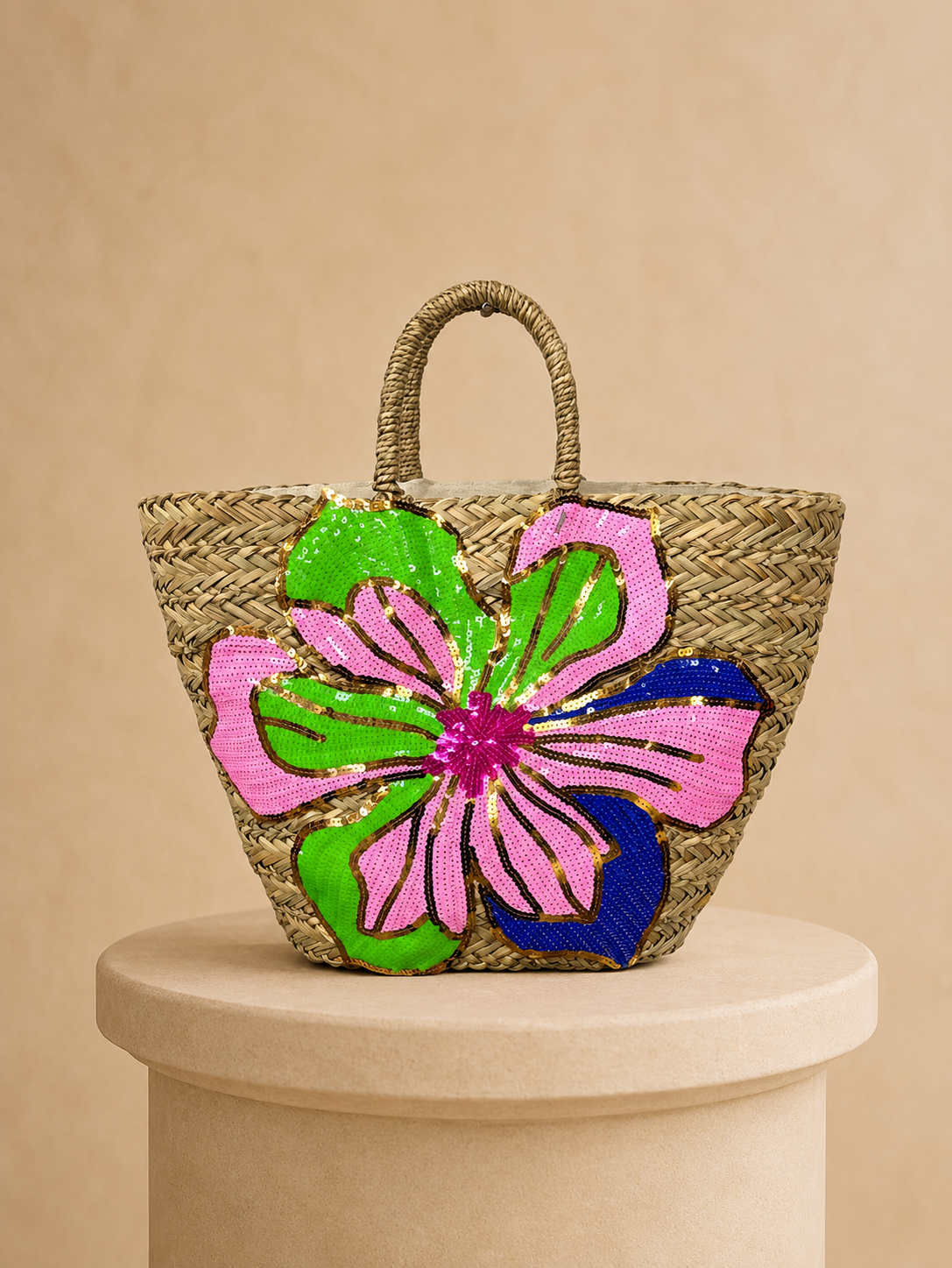 Millie neon flower sequin rattan beach bag