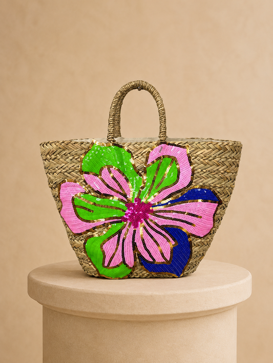Millie neon flower sequin rattan beach bag