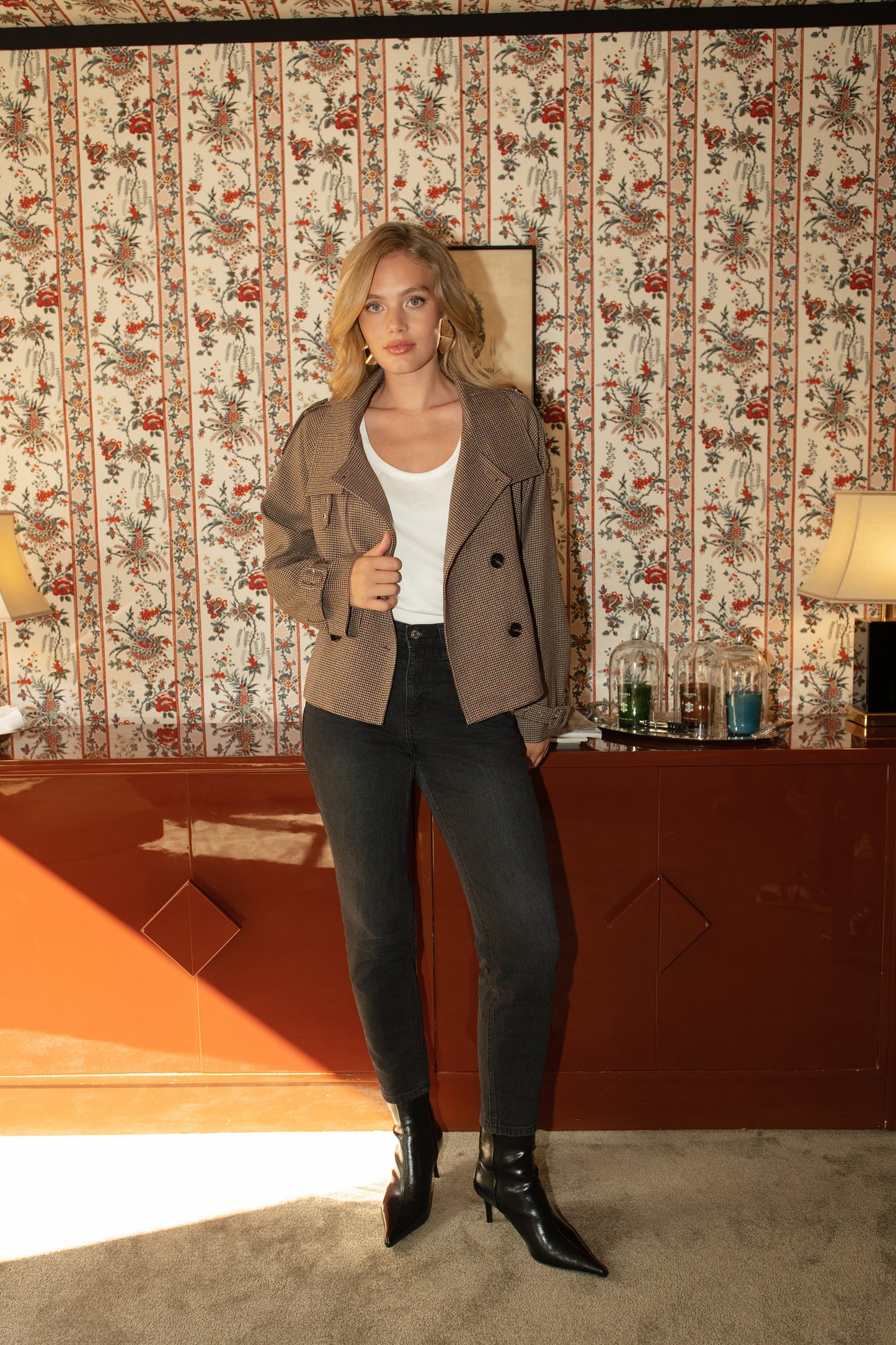 Farrah check short trench jacket