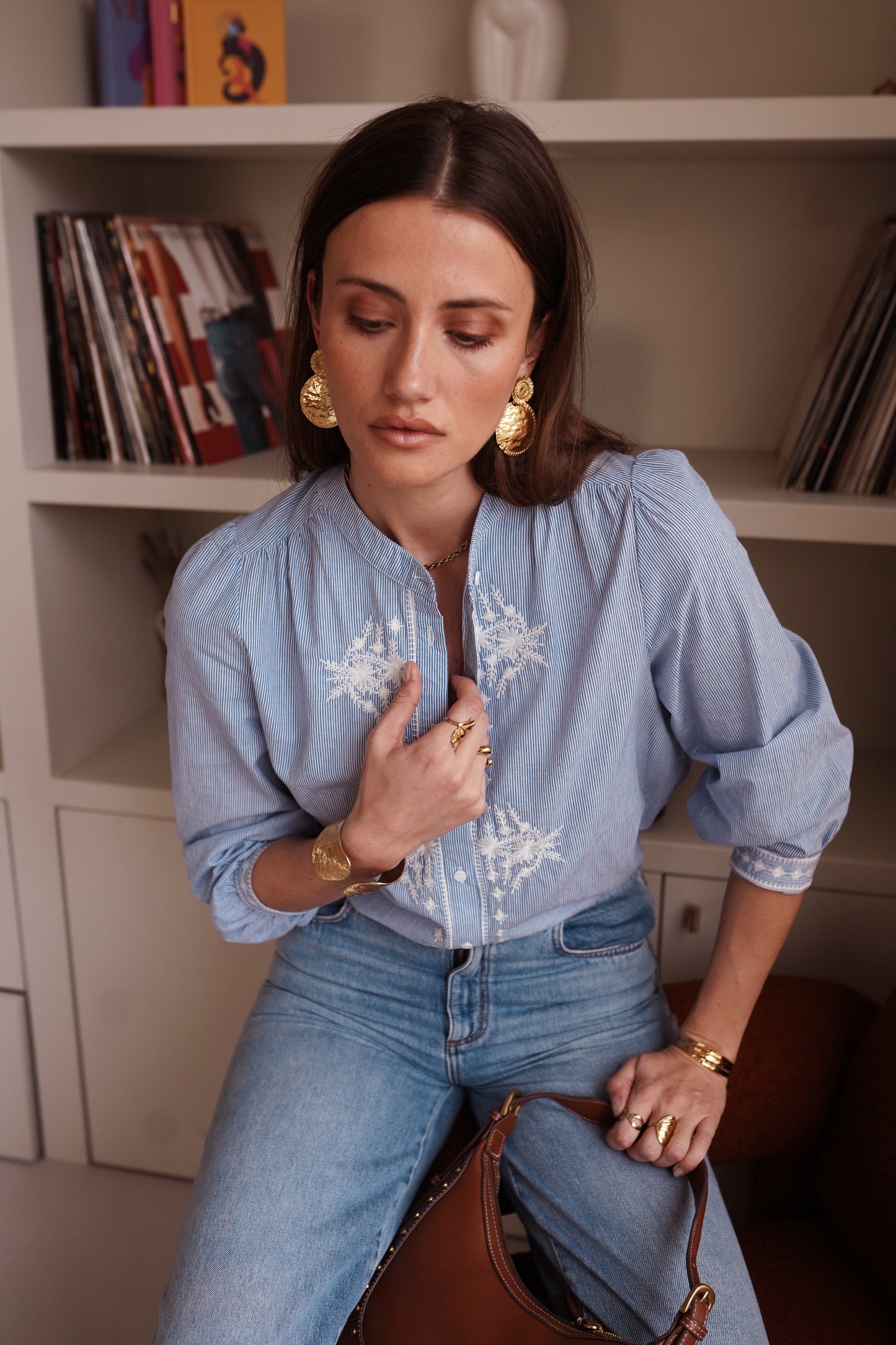 Tara blue striped embroidered blouse