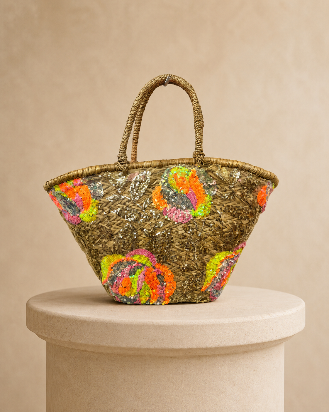 Tori neon sequin rattan beach bag