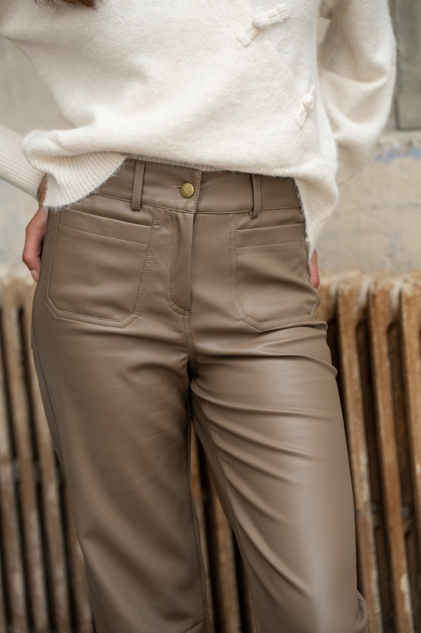Andrea taupe leather wide leg trousers