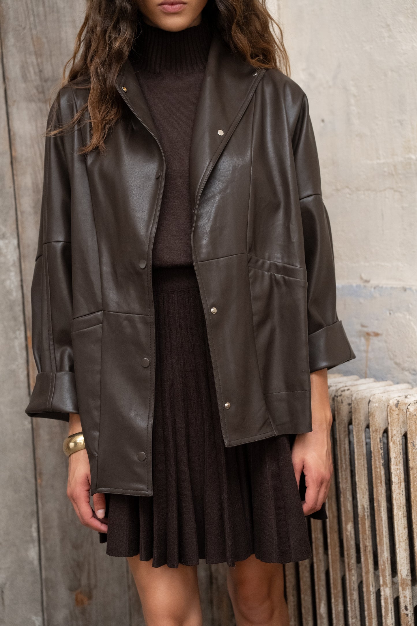 Beth coffee funnel neck leather jacket