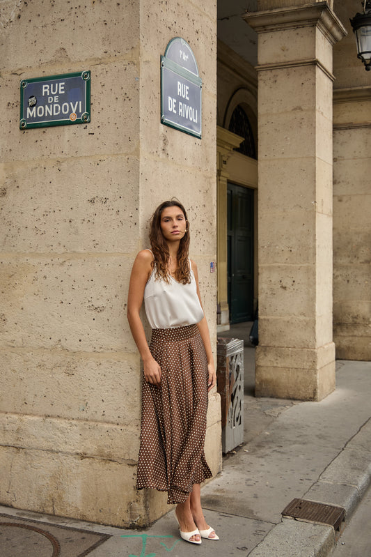 Clara chocolate brown polka dot skirt