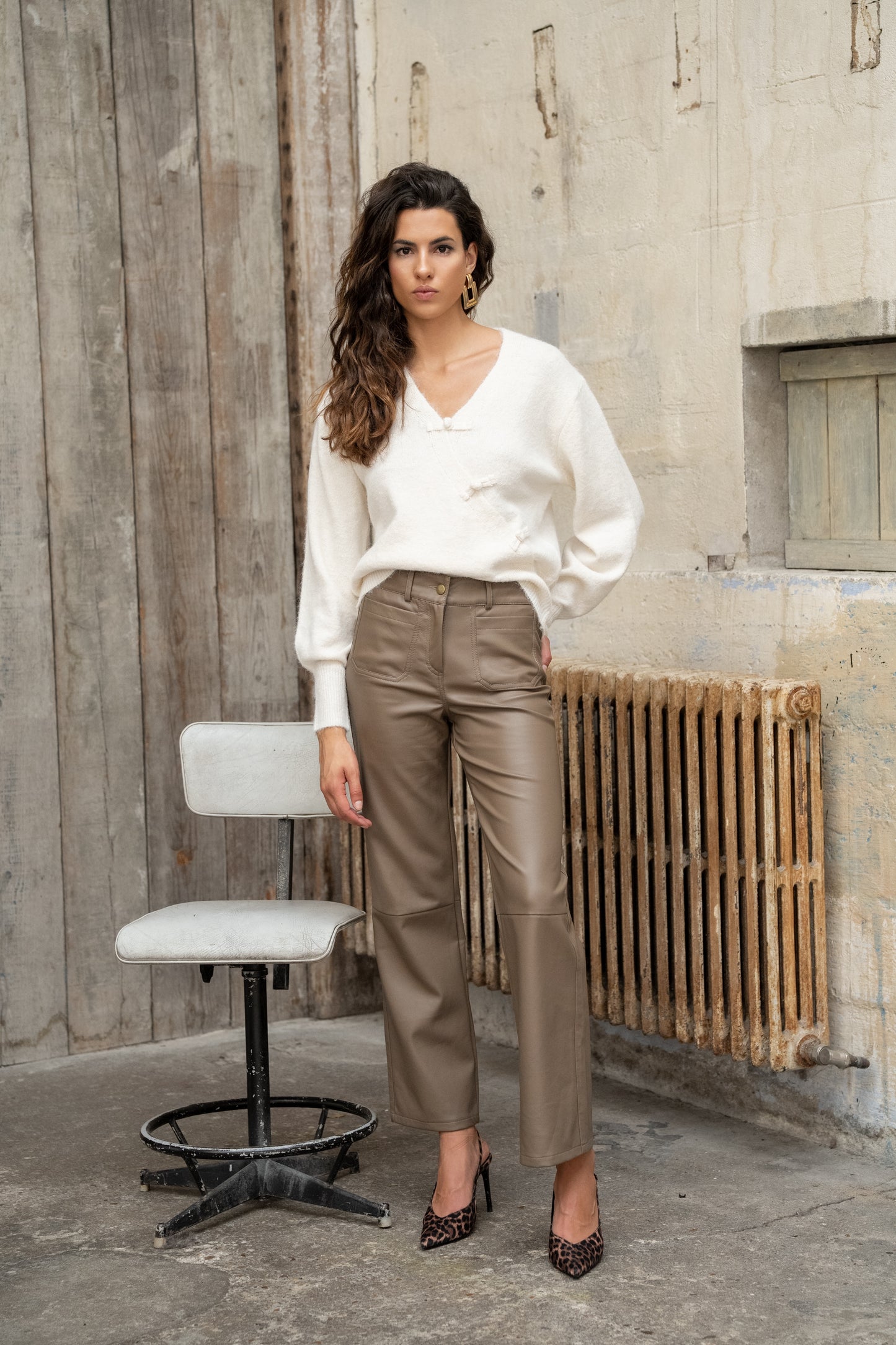 Andrea taupe leather wide leg trousers
