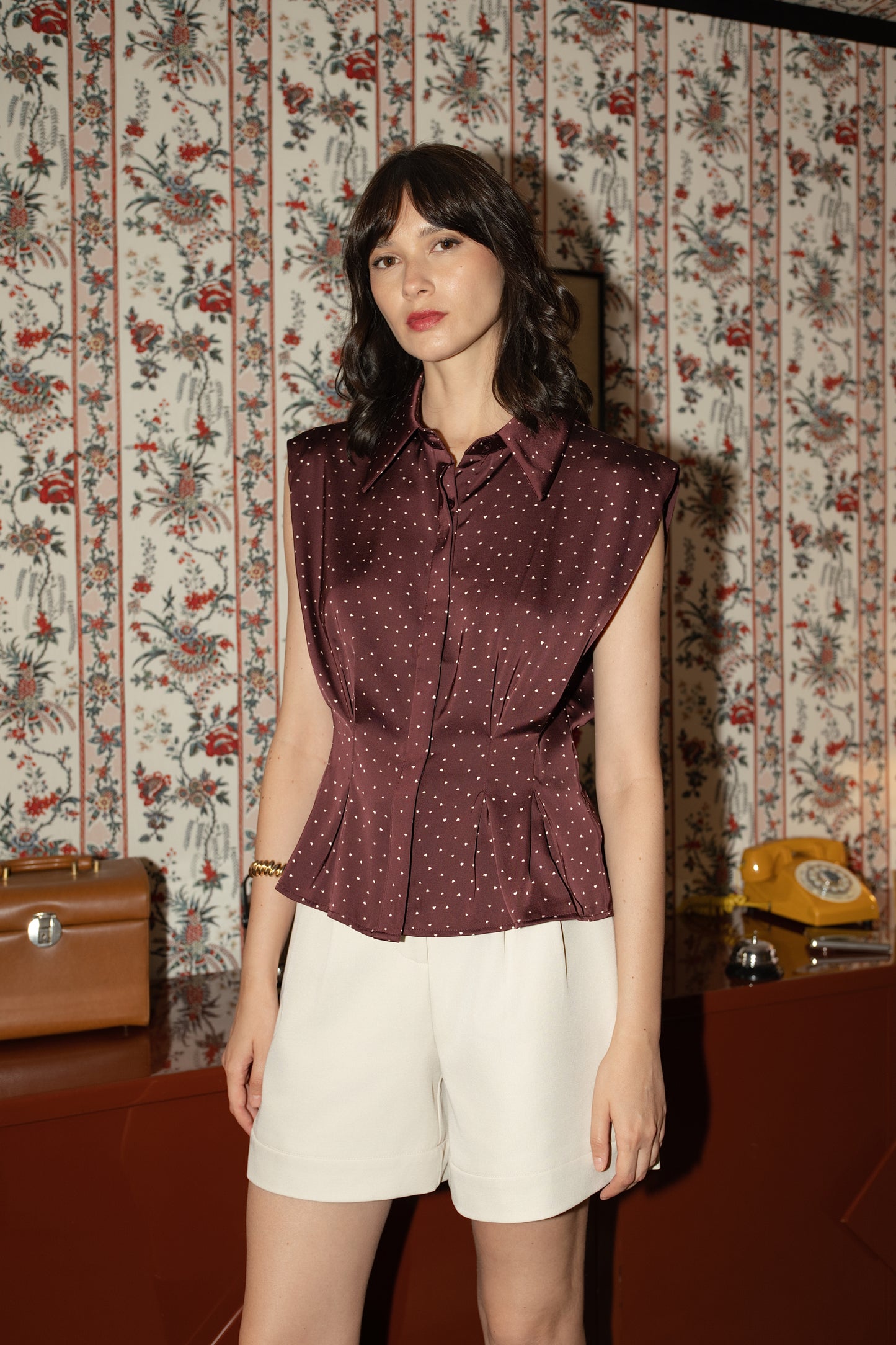 Sienna burgundy polka dot top