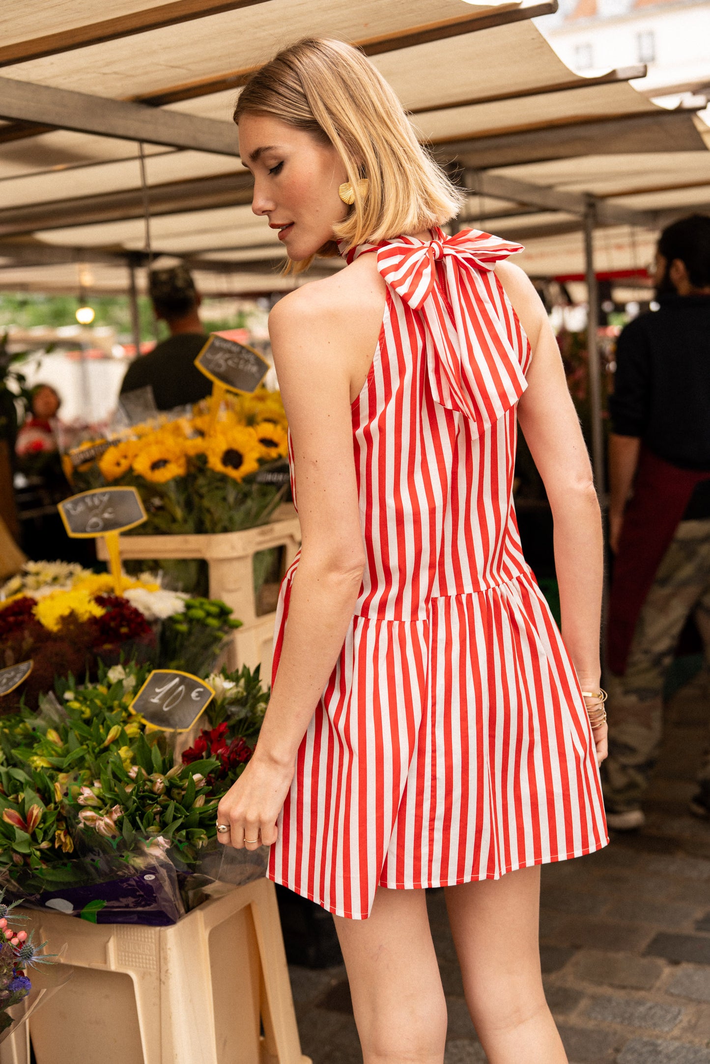 Suzy red stripe halter neck bow dress