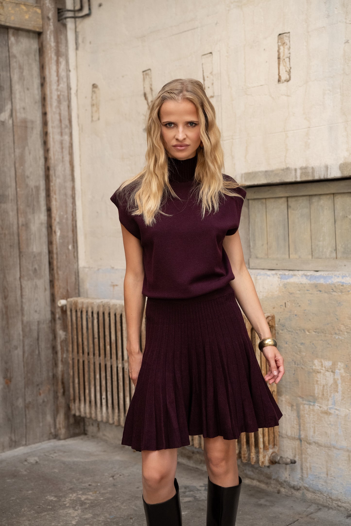 Isabelle burgundy cap sleeve polo neck
