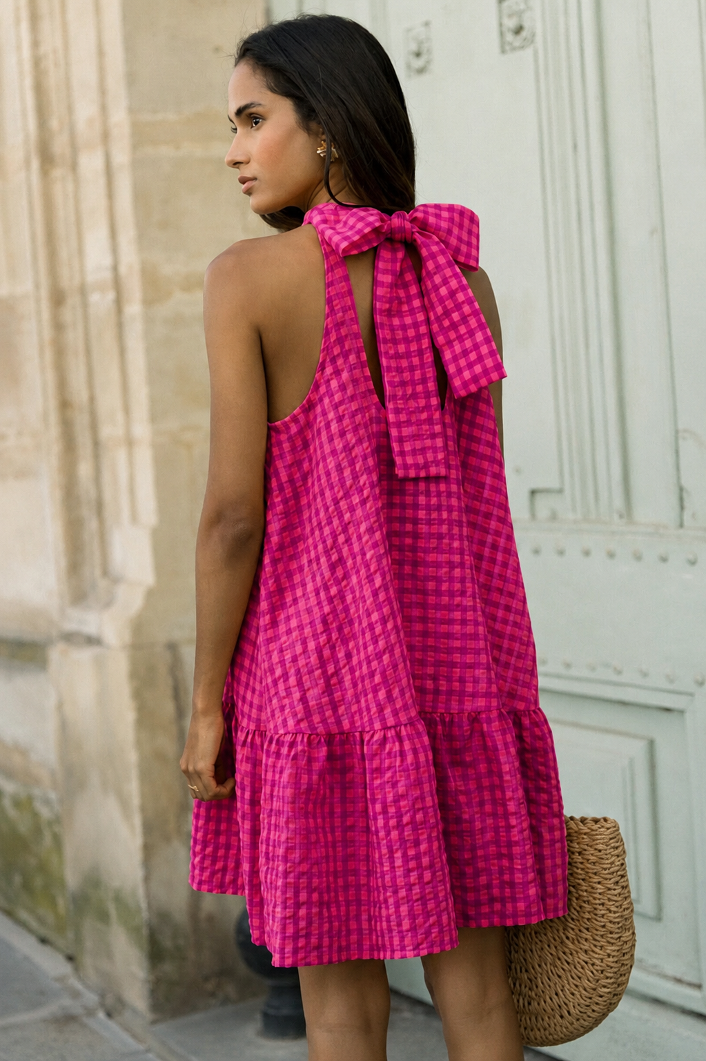Suzy gingham pink bow back dress