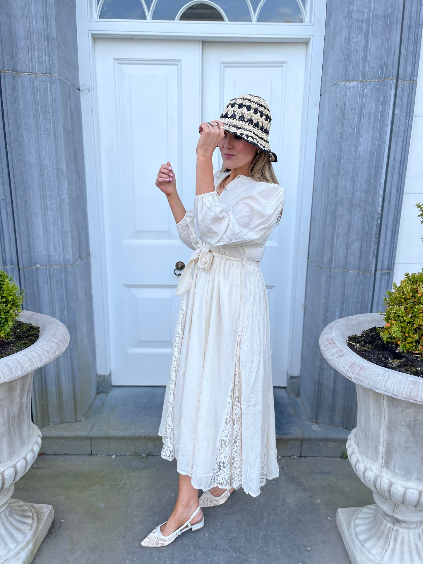 Amara cream puff sleeve long lace dress