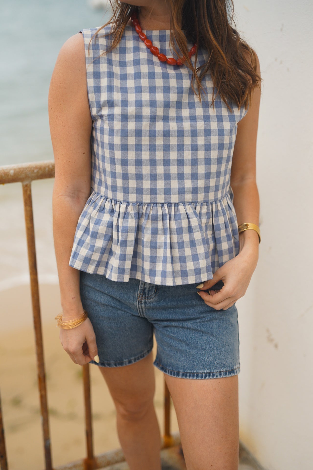 Olive blue gingham reversible top