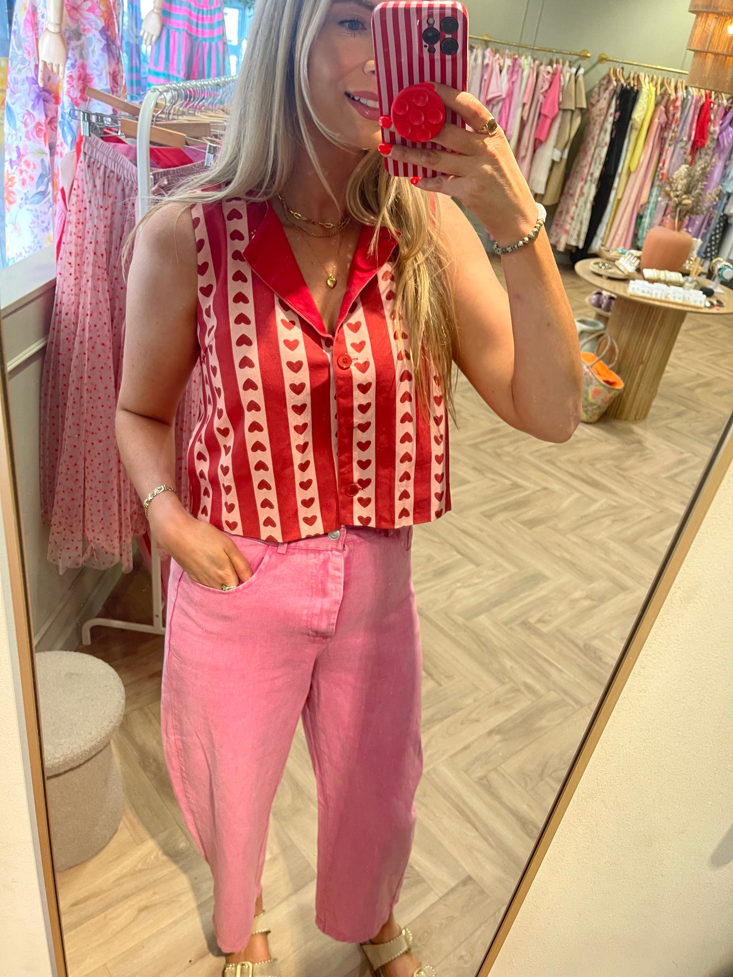 Maggie pink heart print red denim top