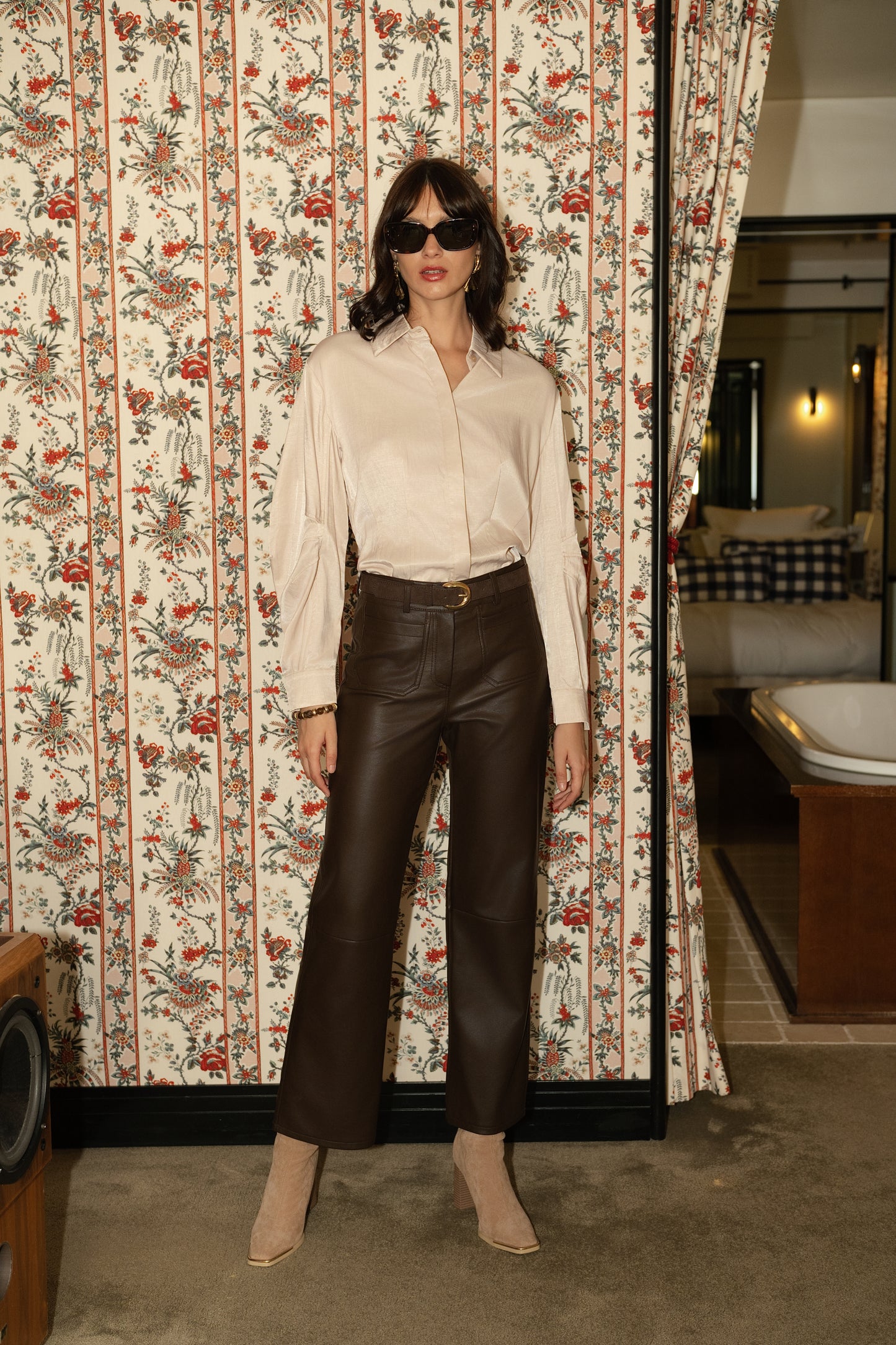 Andrea brown leather wide leg trousers