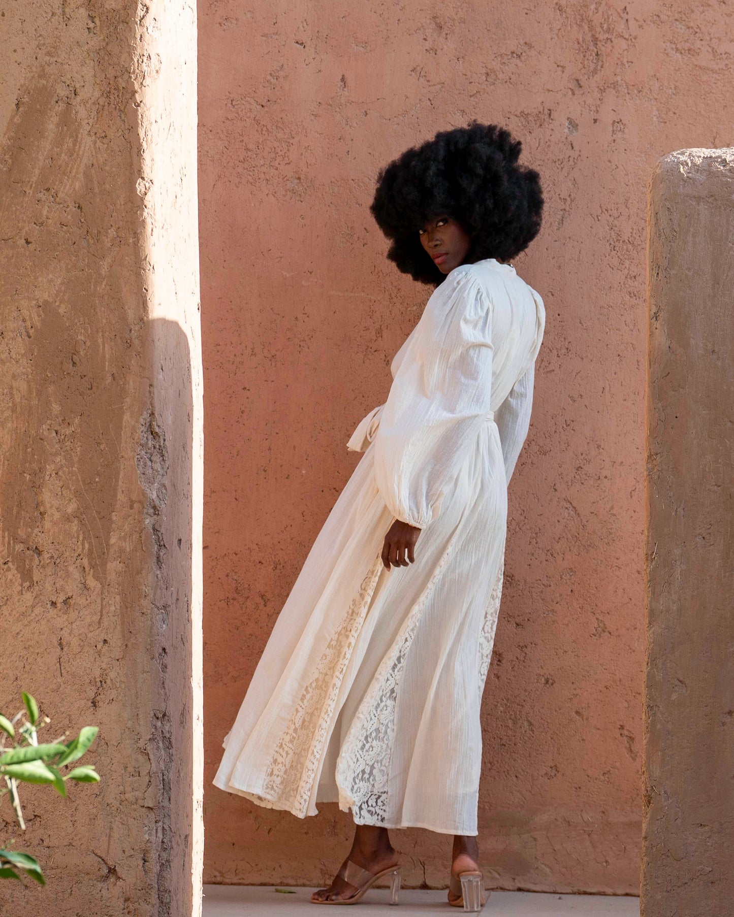 Amara cream puff sleeve long lace dress