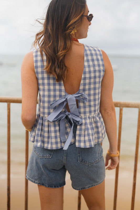 Olive blue gingham reversible top