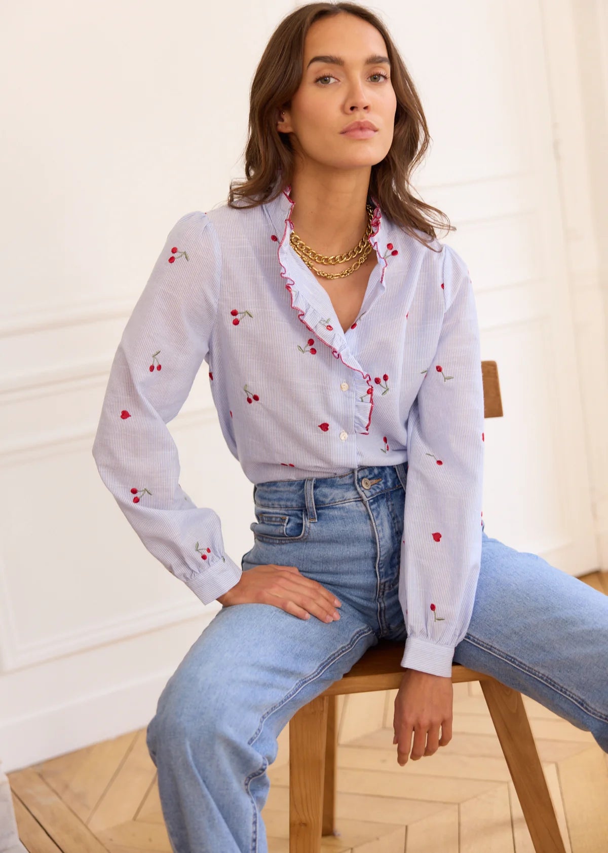 Piper Cherry & heart print blue stripe shirt