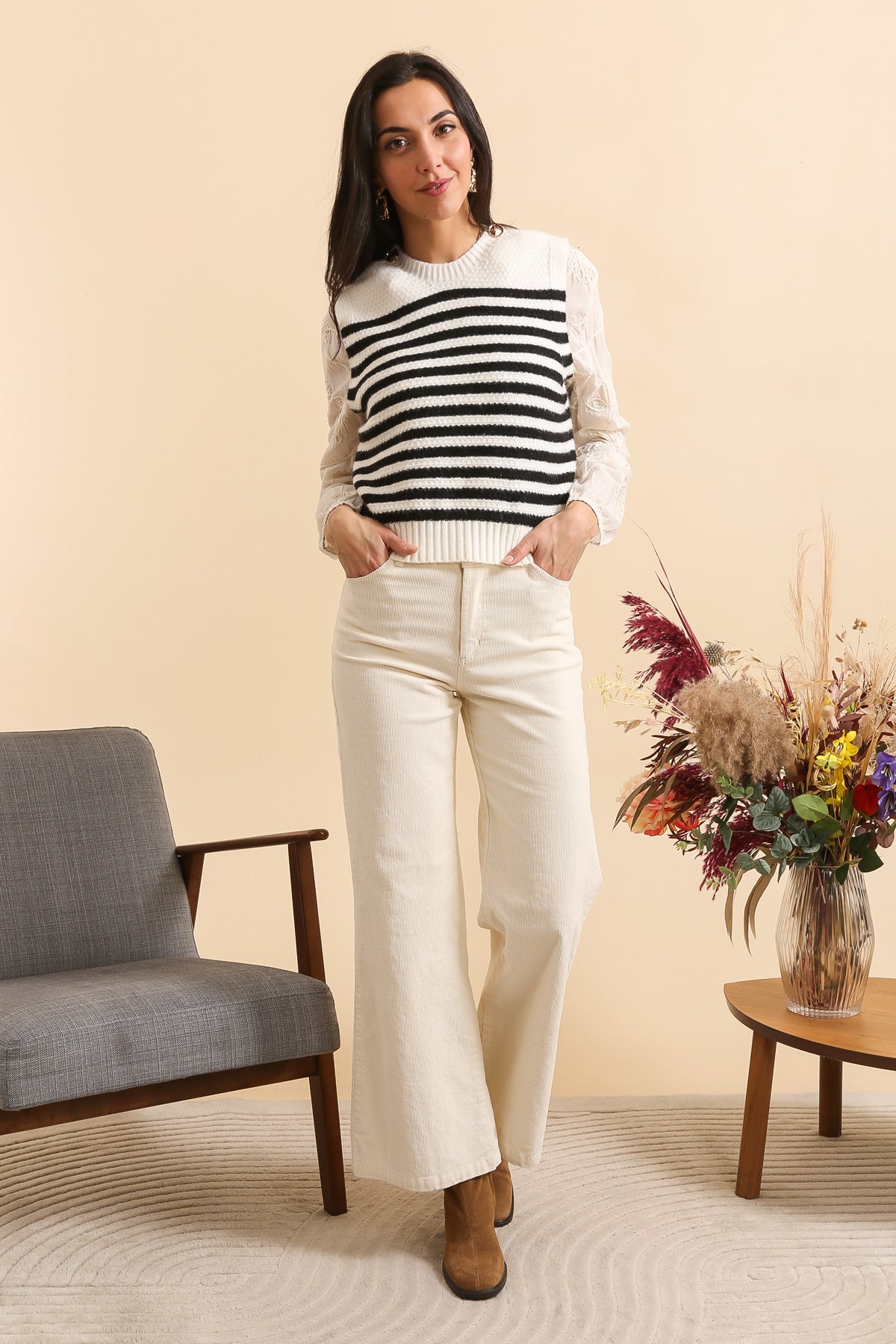 Mandy stripe sleeveless gilet with gold buttons