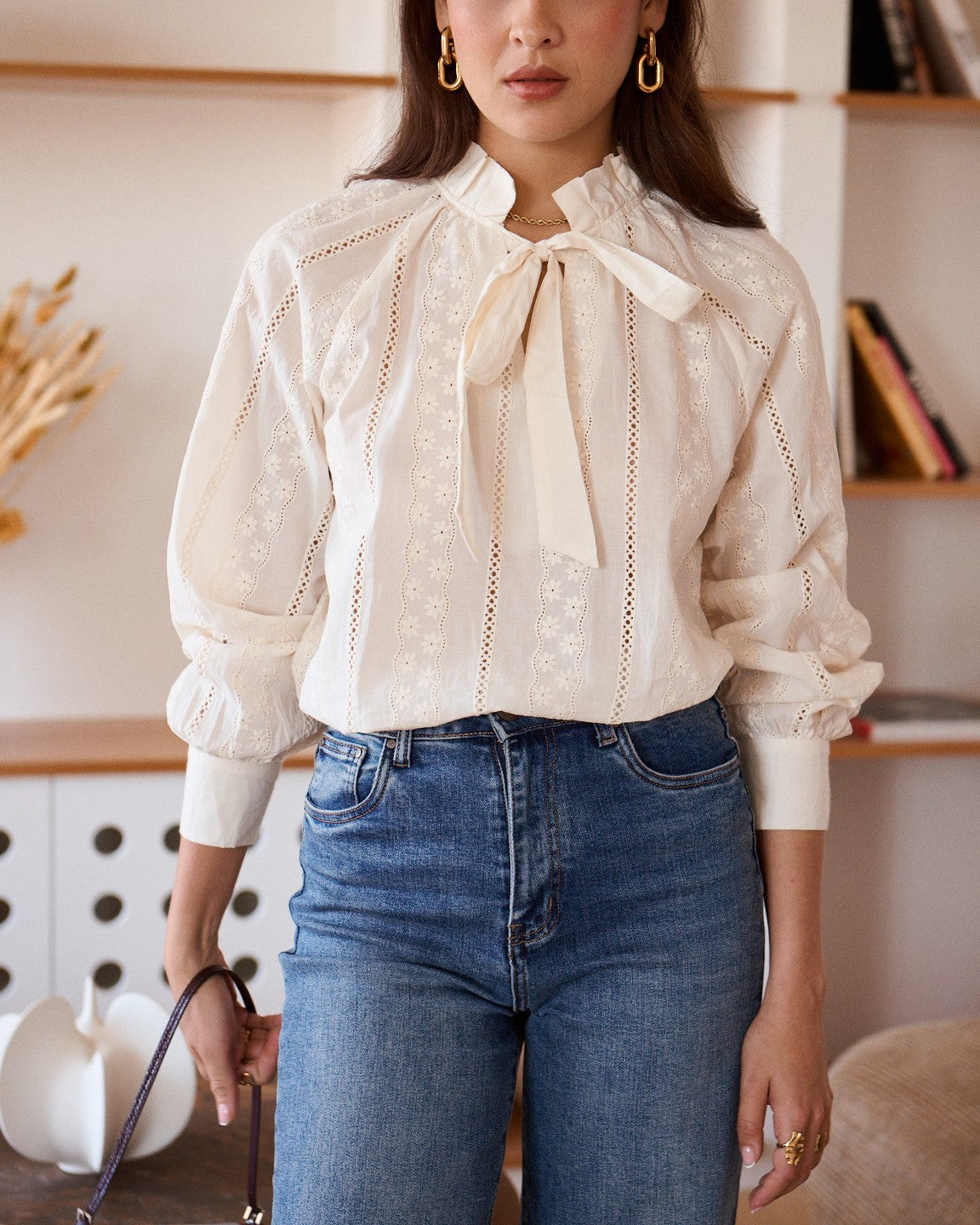 Amelia beige embroidered bow blouse