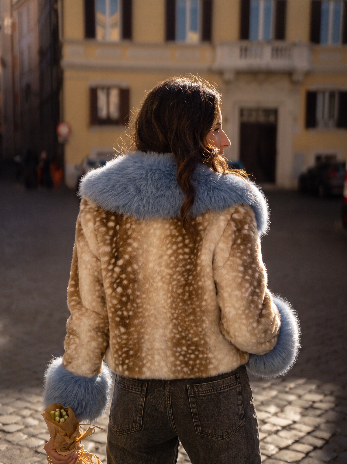 Faith deer print blue fur collar jacket