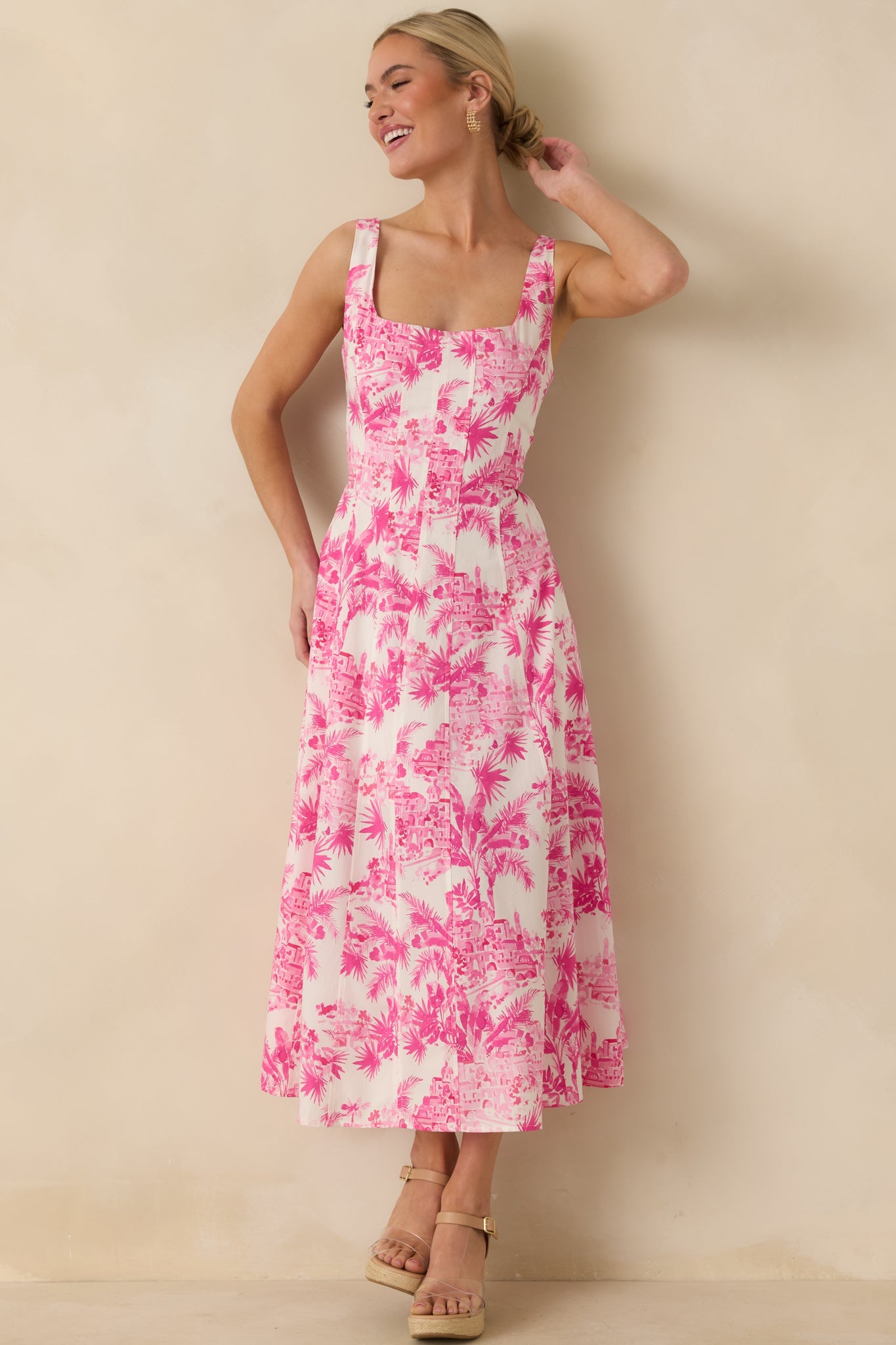 Laguna palm square neck panelled dress