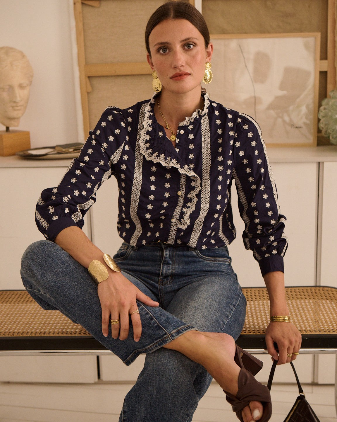 Molly navy embroidered blouse