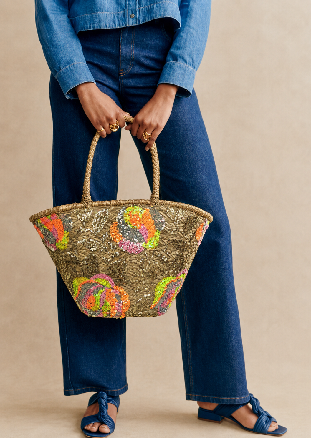 Tori neon sequin rattan beach bag
