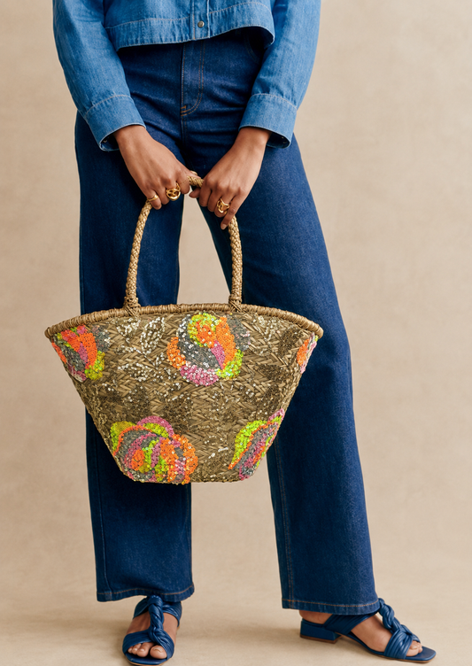 Tori neon sequin rattan beach bag