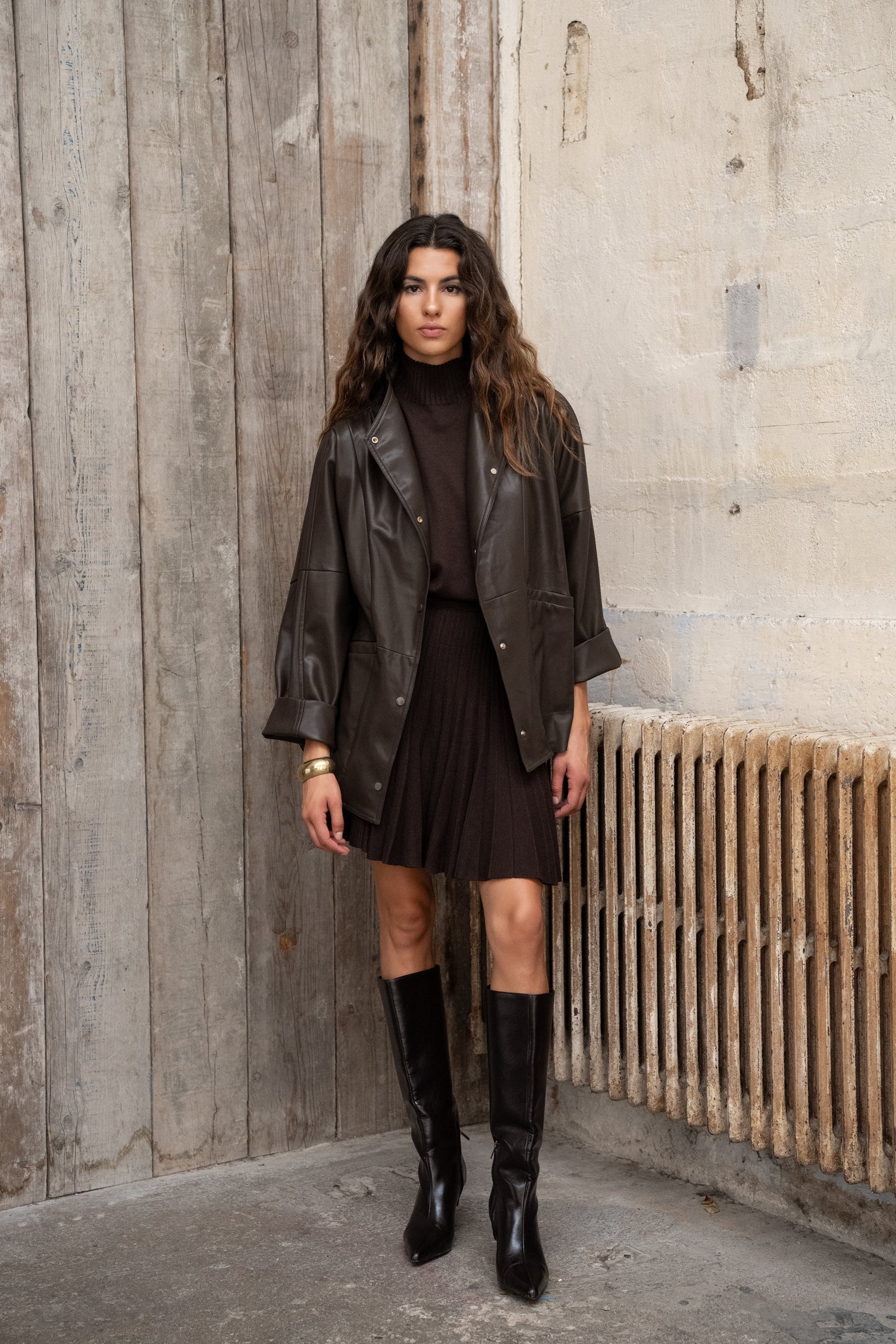 Beth coffee funnel neck leather jacket