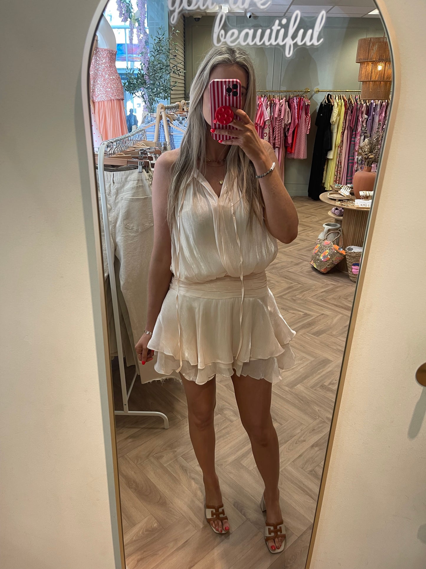 Tess silky beige mini dress