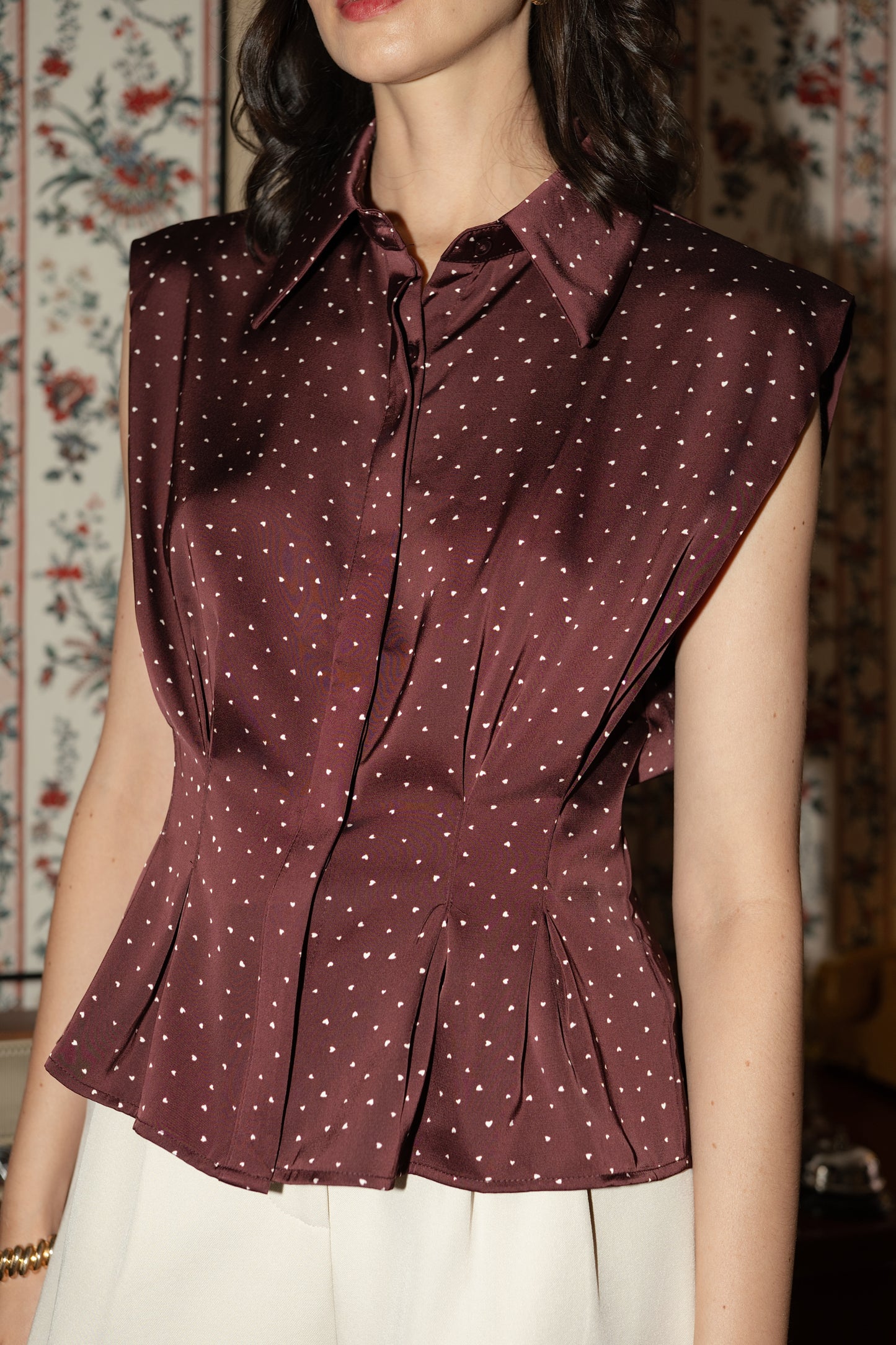 Sienna burgundy polka dot top