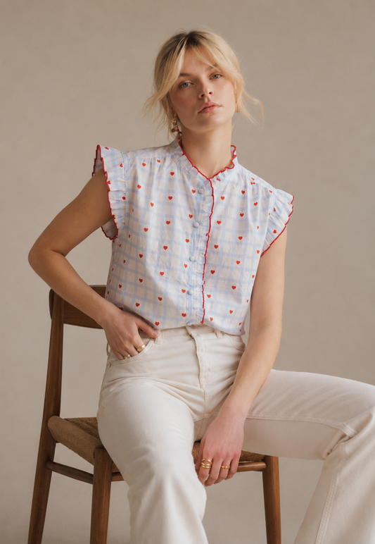 Audrey blue and red heart blouse
