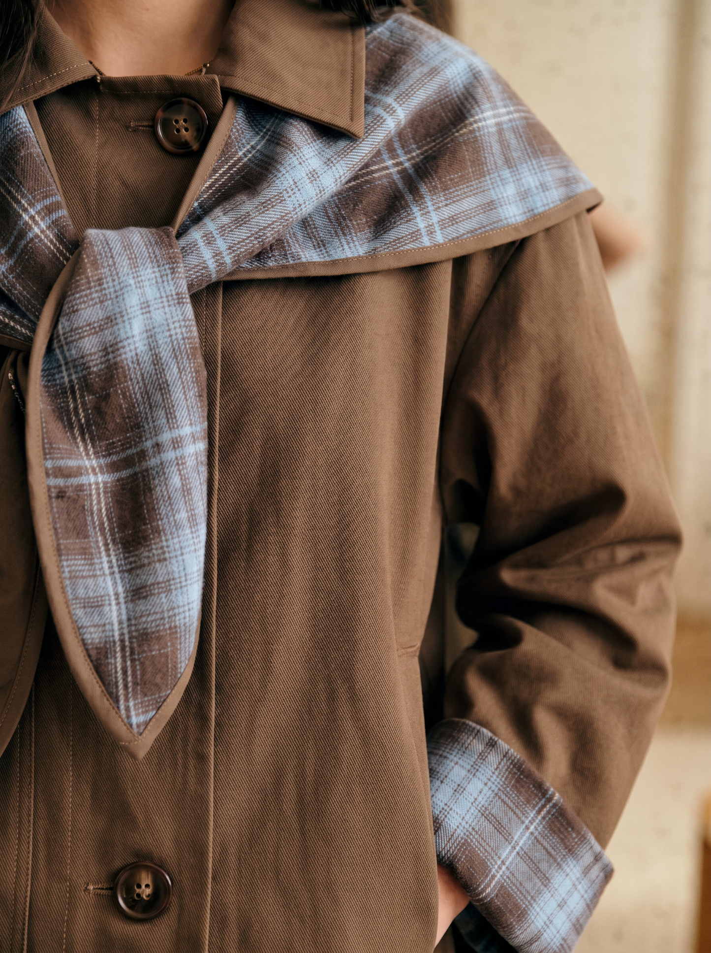 Eliza check print short trench jacket