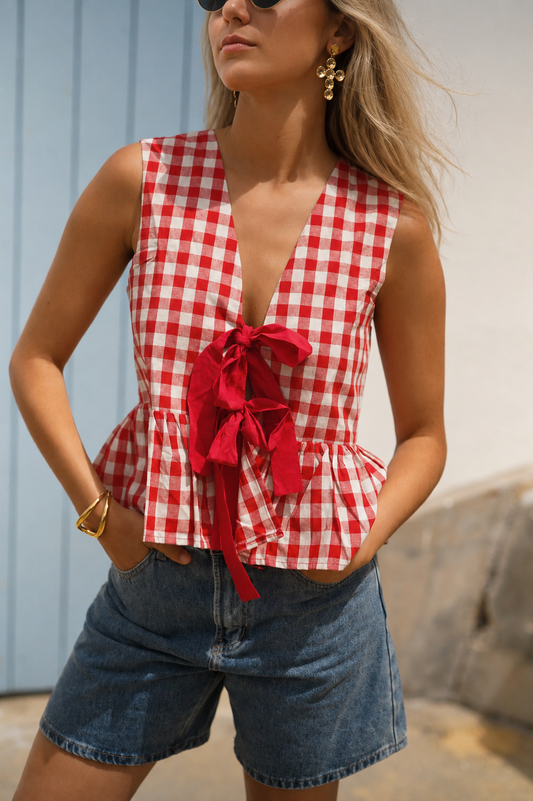 Olive red gingham reversible top