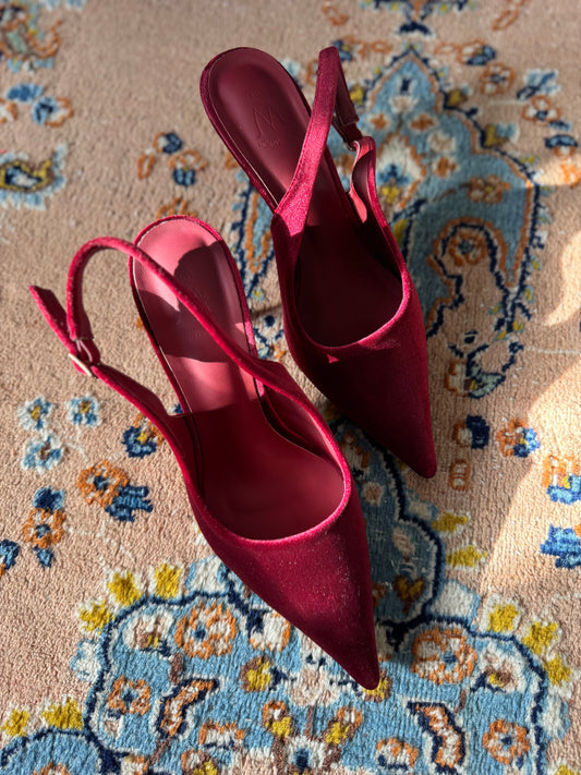 Burgundy velvet sling back heels
