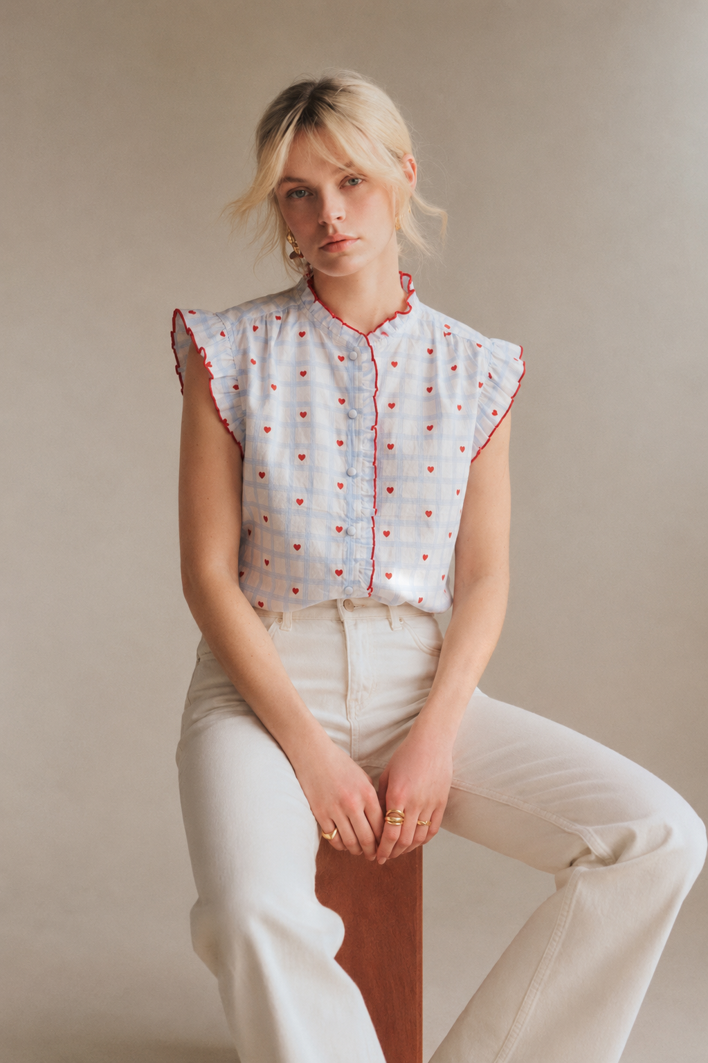 Audrey blue and red heart blouse