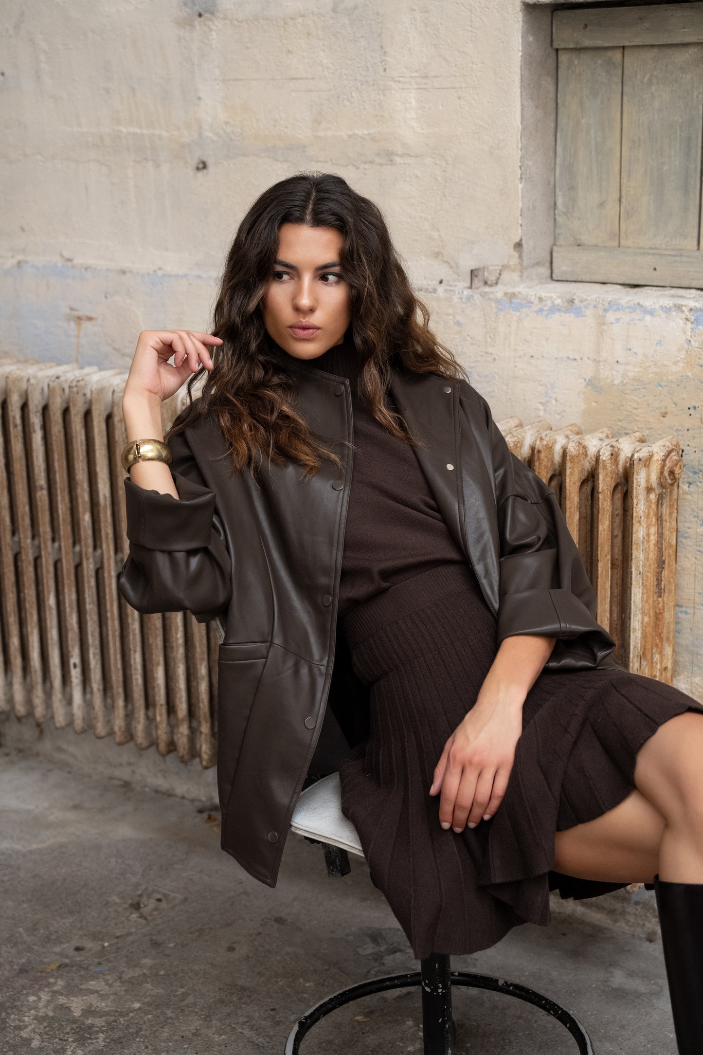 Beth coffee funnel neck leather jacket