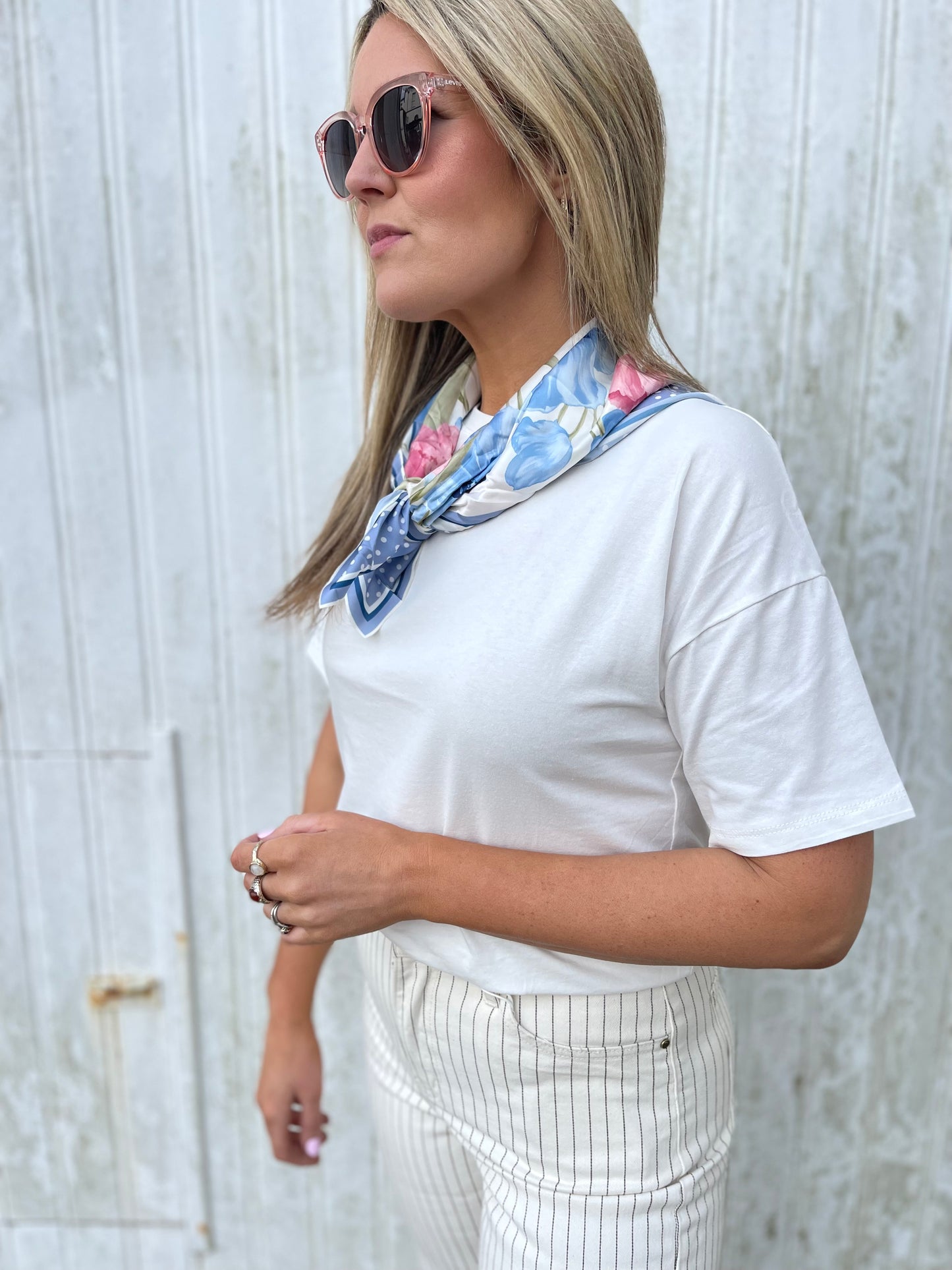 Martha white tshirt with blue neck scarf