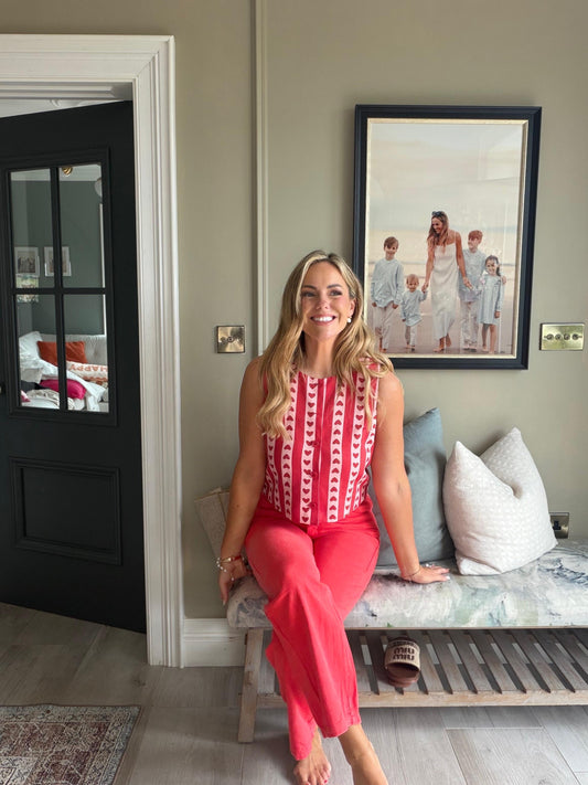 Maggie pink heart print red denim top